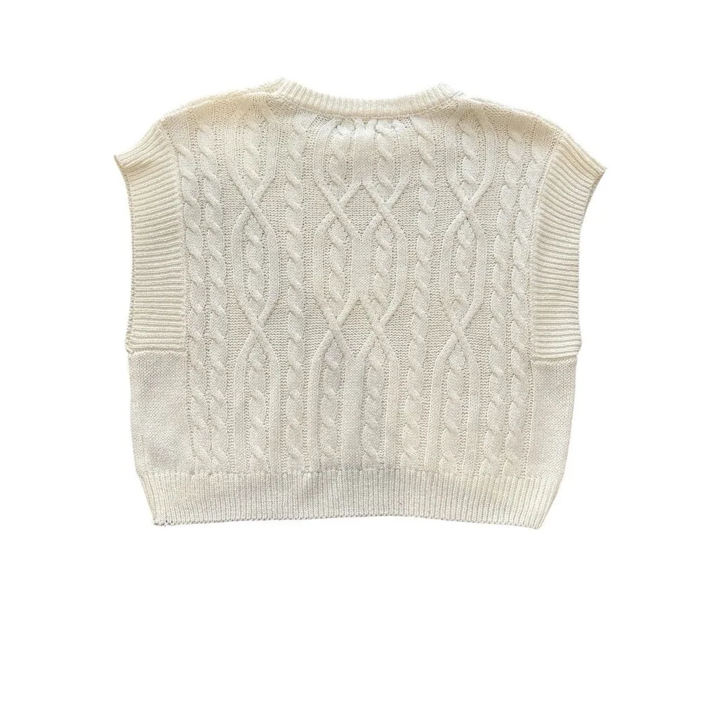 Newbury Kustom Ivory Cable Knit Sweater Vest Women’s S Chunky Cropped Preppy - Picture 5 of 7